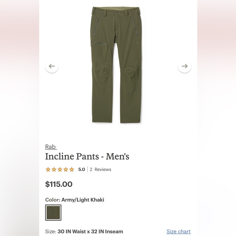 Rab Incline Pants Men’s 30/32 Olive NWOT